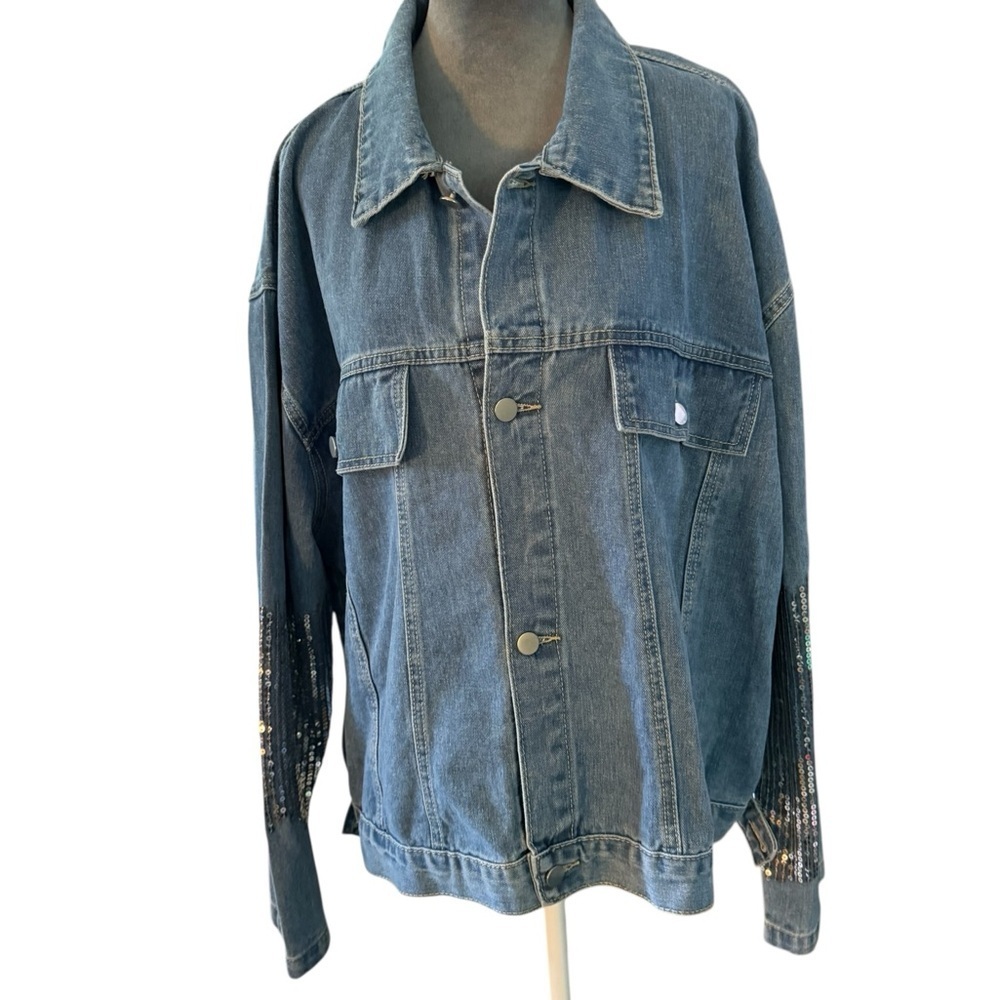 SHEIN Denim Jacket with Sparkling Silver Sleeves - Picture 4 of 13